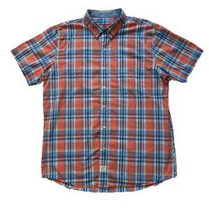 IZOD Saltwater Mens Button Down Collared Shirt LARGE Short Sleeve Plaid Orange